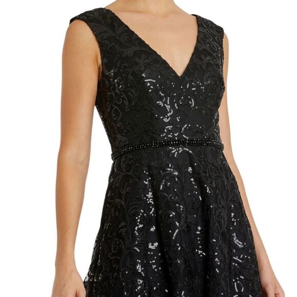 Mac Duggal 68012 Black Sequin Cap Sleeve Midi Cocktail Dress | Size 6 - Picture 3 of 13